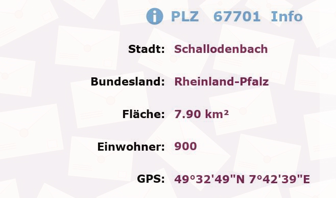 Postleitzahl 67701 Schallodenbach, Rheinland-Pfalz Information