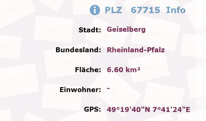 Postleitzahl 67715 Geiselberg, Rheinland-Pfalz Information