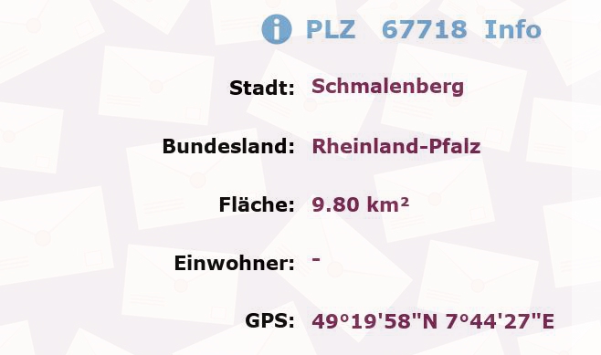 Postleitzahl 67718 Schmalenberg, Rheinland-Pfalz Information