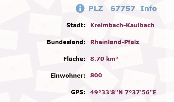 Postleitzahl 67757 Kreimbach-Kaulbach, Rheinland-Pfalz Information