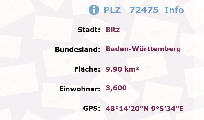 Postleitzahl 72475 Bitz, Baden-Württemberg Information