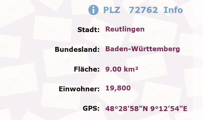 Postleitzahl 72762 Reutlingen, Baden-Württemberg Information