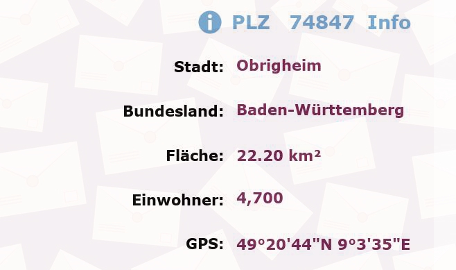 Postleitzahl 74847 Obrigheim, Baden-Württemberg Information