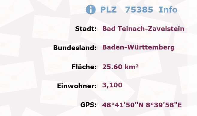 Postleitzahl 75385 Bad Teinach-Zavelstein, Baden-Württemberg Information