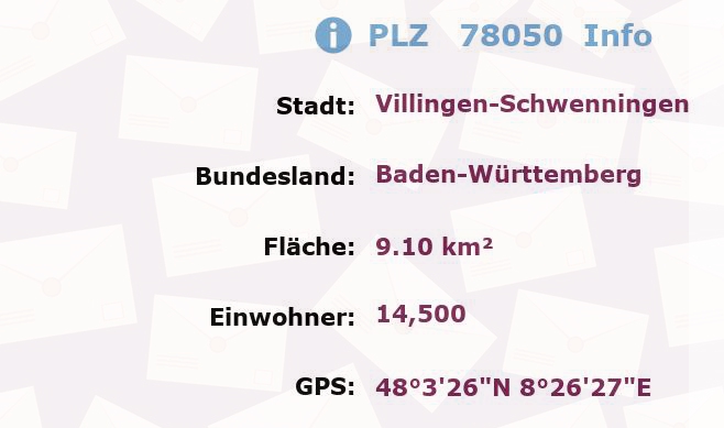 Postleitzahl 78050 Villingen-Schwenningen, Baden-Württemberg Information