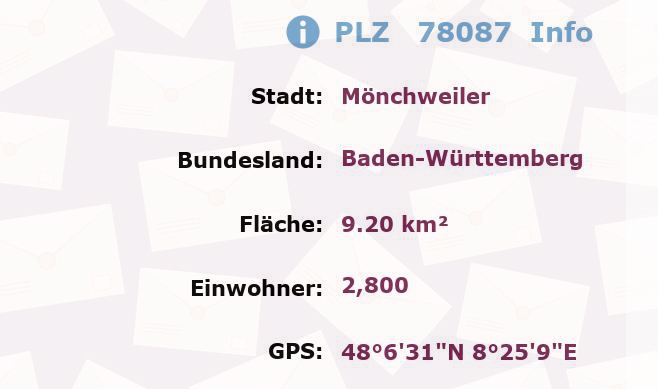 Postleitzahl 78087 Mönchweiler, Baden-Württemberg Information