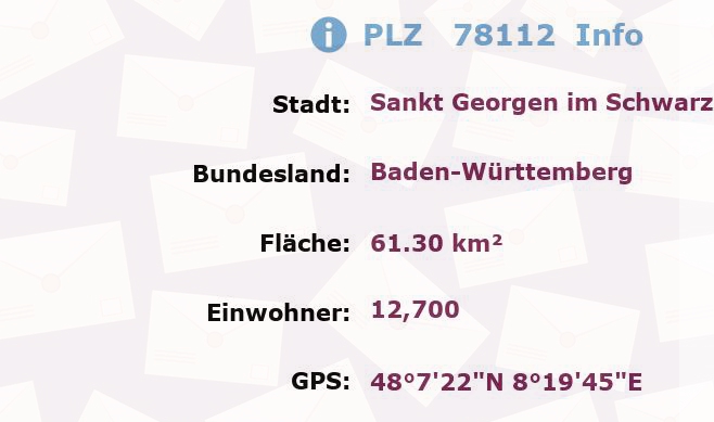 Postleitzahl 78112 Sankt Georgen im Schwarzwald, Baden-Württemberg Information