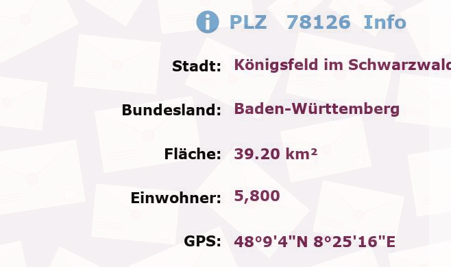 Postleitzahl 78126 Königsfeld im Schwarzwald, Baden-Württemberg Information