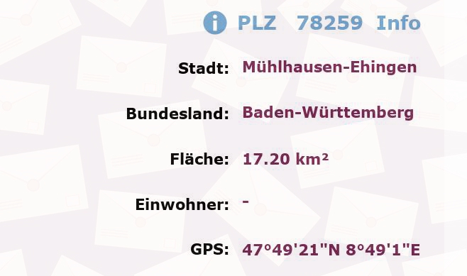 Postleitzahl 78259 Mühlhausen-Ehingen, Baden-Württemberg Information