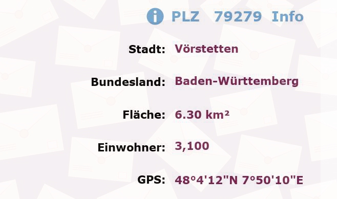 Postleitzahl 79279 Vörstetten, Baden-Württemberg Information