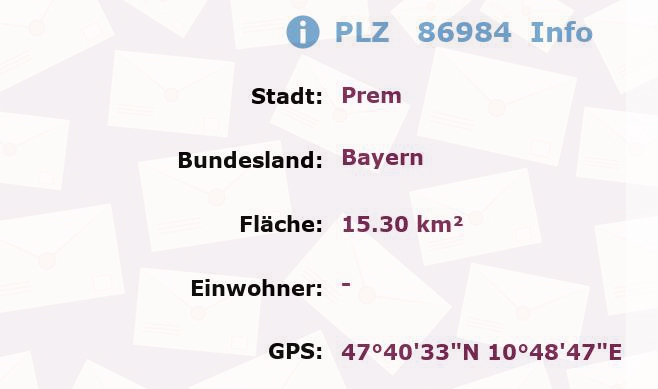 Postleitzahl 86984 Prem, Bayern Information