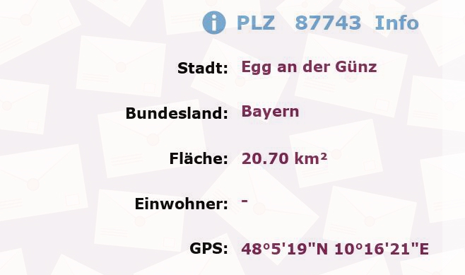 Postleitzahl 87743 Egg an der Günz, Bayern Information