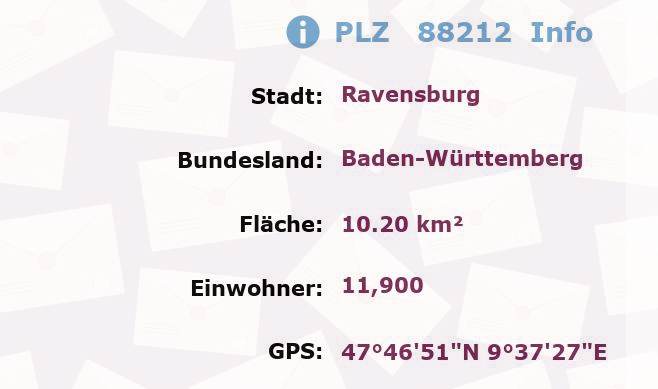 Postleitzahl 88212 Ravensburg, Baden-Württemberg Information