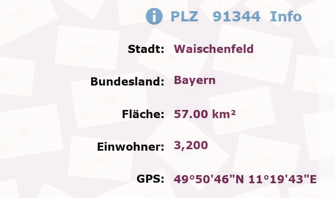 Postleitzahl 91344 Waischenfeld, Bayern Information