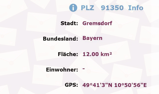 Postleitzahl 91350 Gremsdorf, Bayern Information