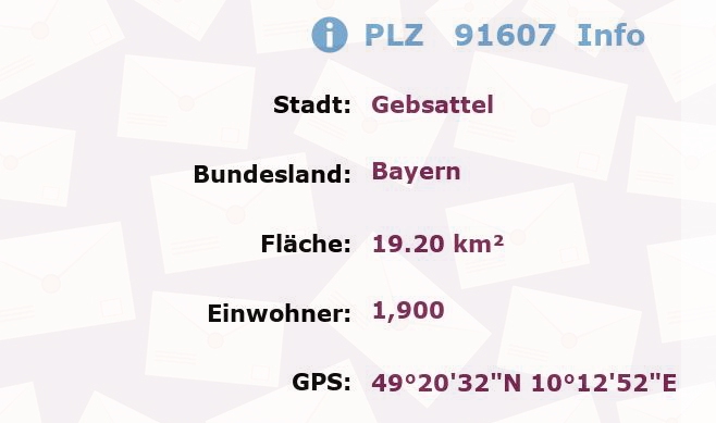 Postleitzahl 91607 Gebsattel, Bayern Information