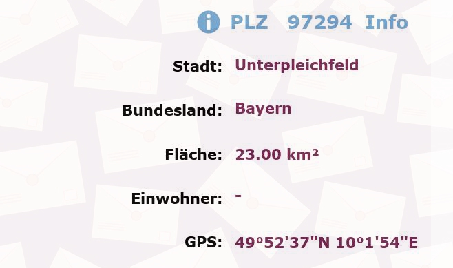 Postleitzahl 97294 Unterpleichfeld, Bayern Information