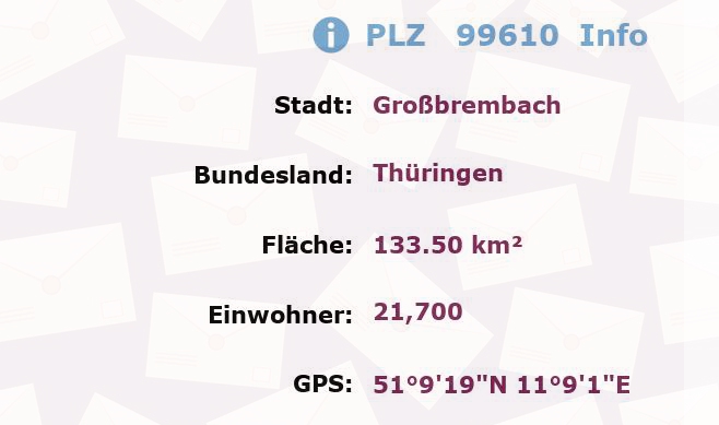 Postleitzahl 99610 Großbrembach, Thüringen Information