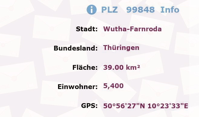 Postleitzahl 99848 Wutha-Farnroda, Thüringen Information