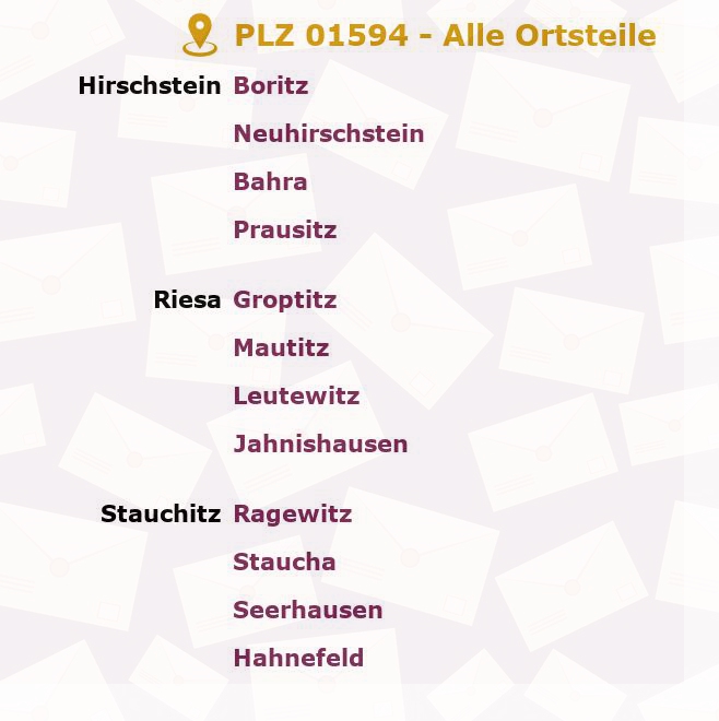 Postleitzahl 01594 Sachsen - Alle Orte und Ortsteile