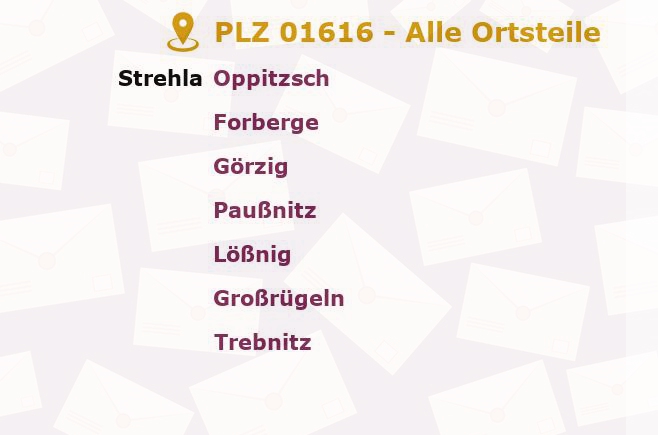 Postleitzahl 01616 Strehla, Sachsen - Alle Orte und Ortsteile