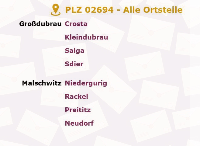 Postleitzahl 02694 Malschwitz, Sachsen - Alle Orte und Ortsteile