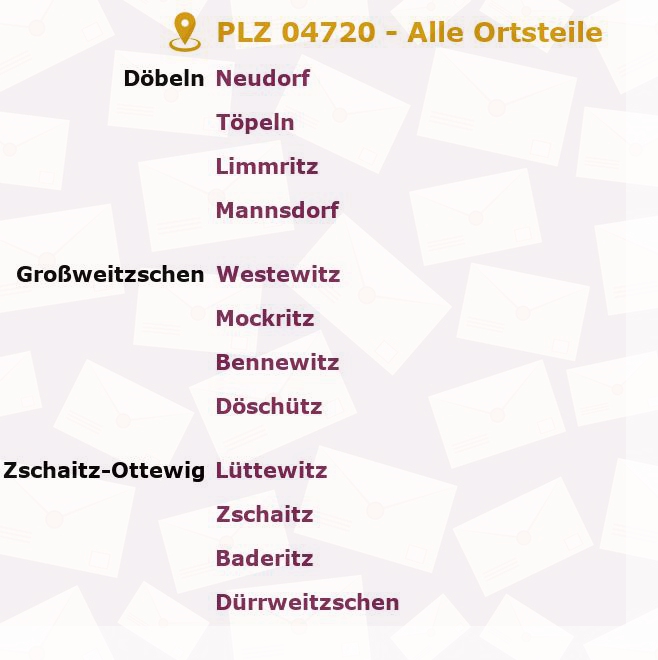 Postleitzahl 04720 Mochau, Sachsen - Alle Orte und Ortsteile