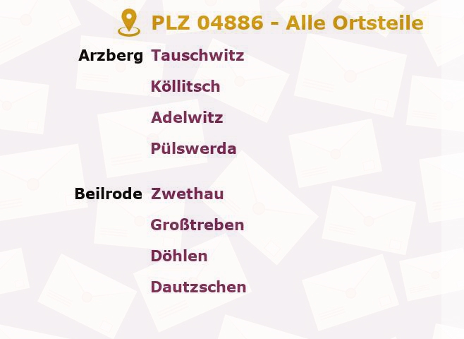 Postleitzahl 04886 Arzberg, Sachsen - Alle Orte und Ortsteile