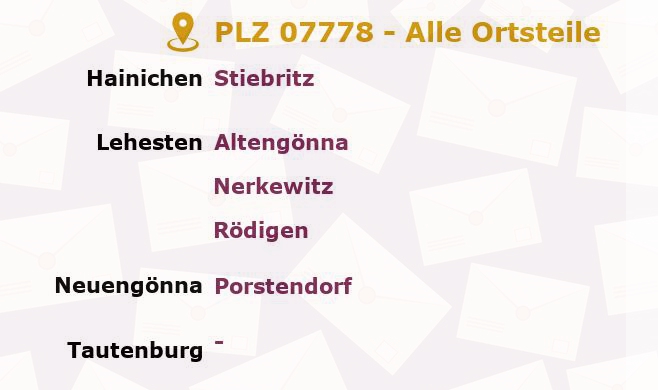 Postleitzahl 07778 Neuengönna, Thüringen - Alle Orte und Ortsteile