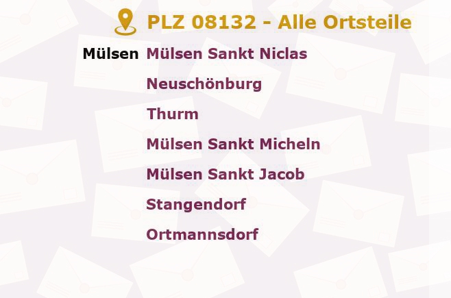 Postleitzahl 08132 Mülsen, Sachsen - Alle Orte und Ortsteile