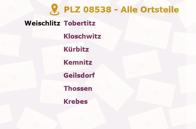 Postleitzahl 08538 Sachsen - Alle Orte und Ortsteile