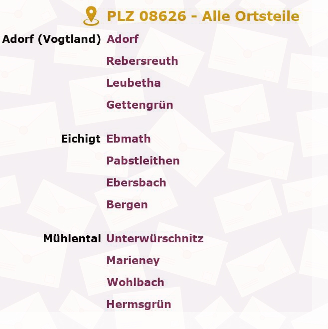 Postleitzahl 08626 Adorf, Sachsen - Alle Orte und Ortsteile