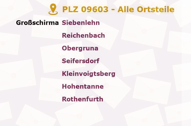 Postleitzahl 09603 Großschirma, Sachsen - Alle Orte und Ortsteile