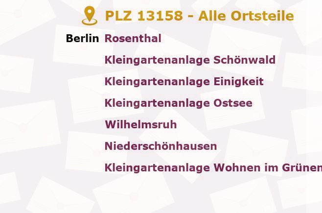 Postleitzahl 13158 Rosenthal, Berlin - Alle Orte und Ortsteile