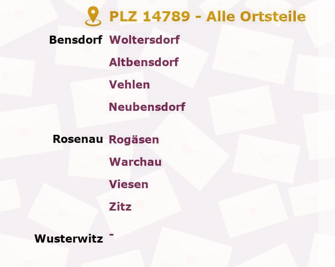 Postleitzahl 14789 Neubensdorf, Brandenburg - Alle Orte und Ortsteile