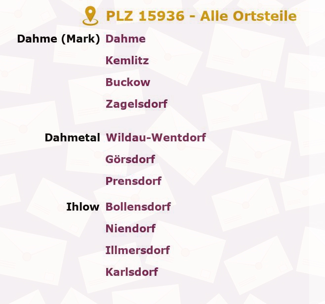 Postleitzahl 15936 Dahme, Brandenburg - Alle Orte und Ortsteile