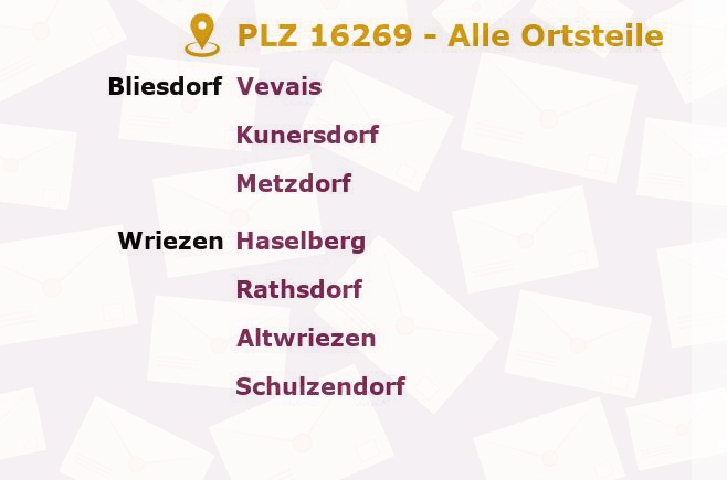 Postleitzahl 16269 Bliesdorf, Brandenburg - Alle Orte und Ortsteile