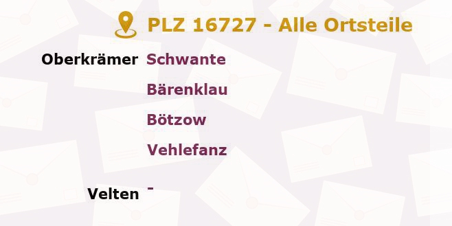 Postleitzahl 16727 Eichstädt, Brandenburg - Alle Orte und Ortsteile