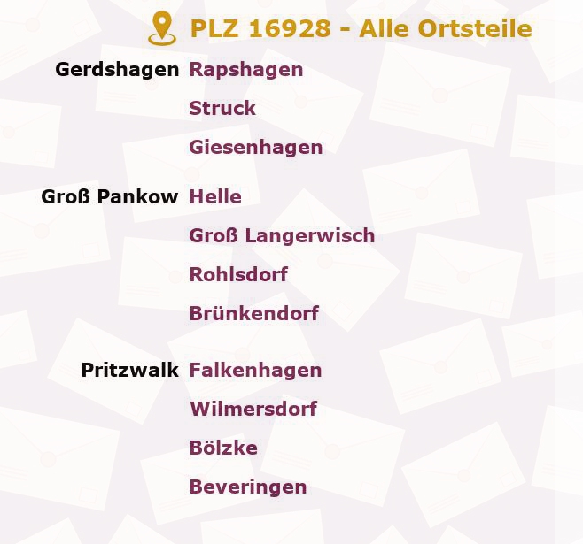 Postleitzahl 16928 Groß Pankow, Brandenburg - Alle Orte und Ortsteile