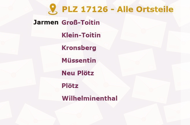 Postleitzahl 17126 Jarmen, Mecklenburg-Vorpommern - Alle Orte und Ortsteile