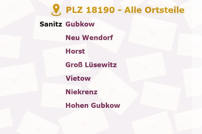 Postleitzahl 18190 Sanitz, Mecklenburg-Vorpommern - Alle Orte und Ortsteile