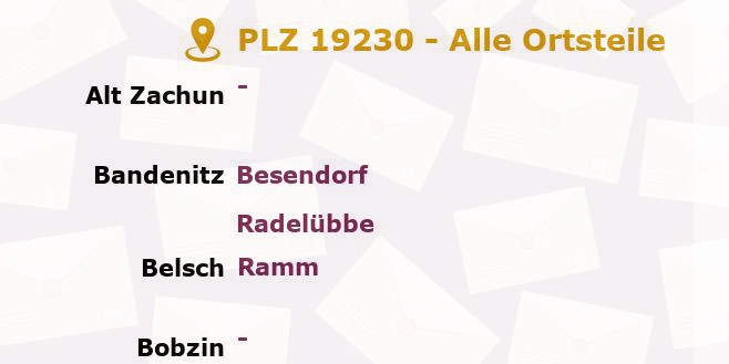 Postleitzahl 19230 Setzin, Mecklenburg-Vorpommern - Alle Orte und Ortsteile