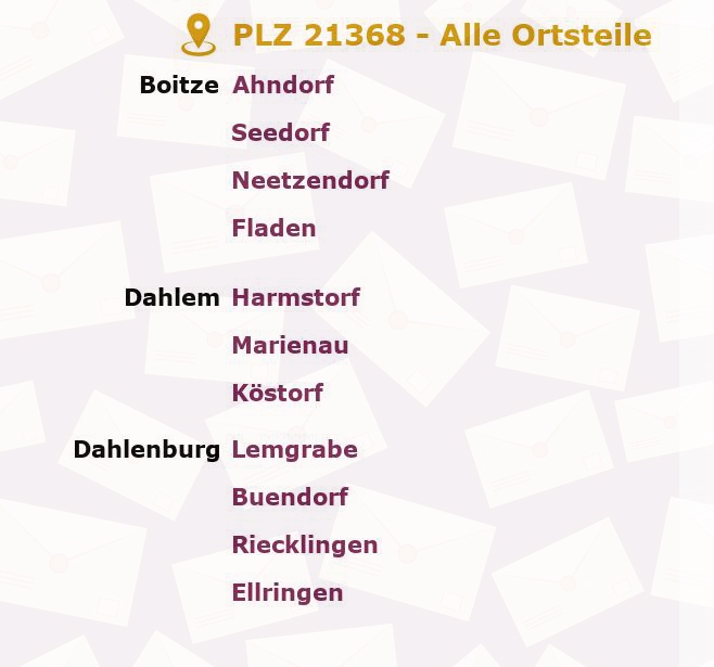 Postleitzahl 21368 Dahlenburg, Niedersachsen - Alle Orte und Ortsteile