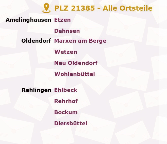 Postleitzahl 21385 Rehlingen, Niedersachsen - Alle Orte und Ortsteile