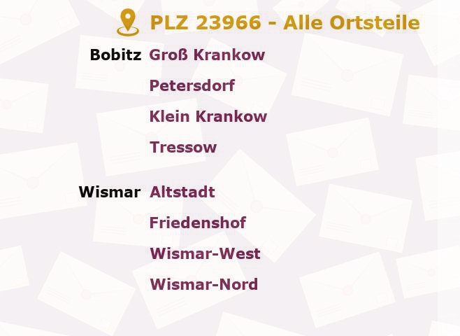 Postleitzahl 23966 Wismar, Mecklenburg-Vorpommern - Alle Orte und Ortsteile