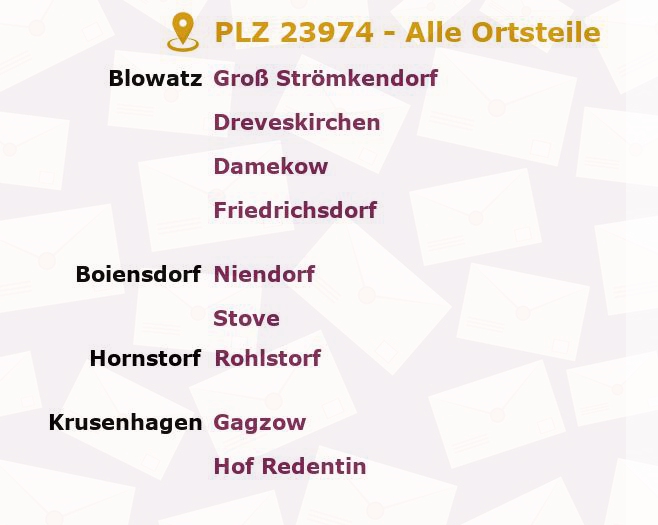 Postleitzahl 23974 Blowatz, Mecklenburg-Vorpommern - Alle Orte und Ortsteile