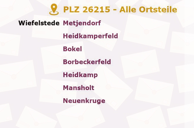 Postleitzahl 26215 Wiefelstede, Niedersachsen - Alle Orte und Ortsteile