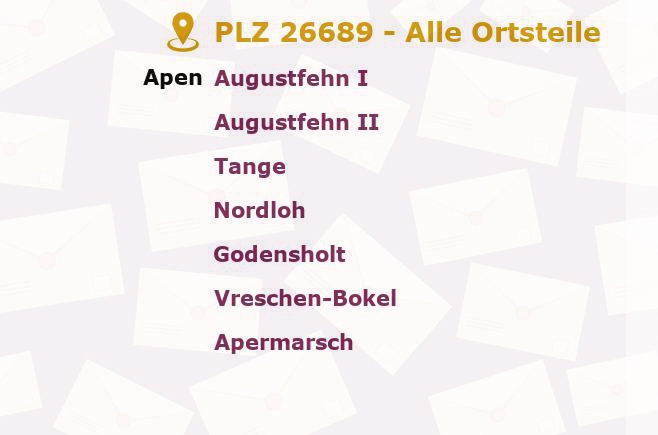 Postleitzahl 26689 Apen, Niedersachsen - Alle Orte und Ortsteile