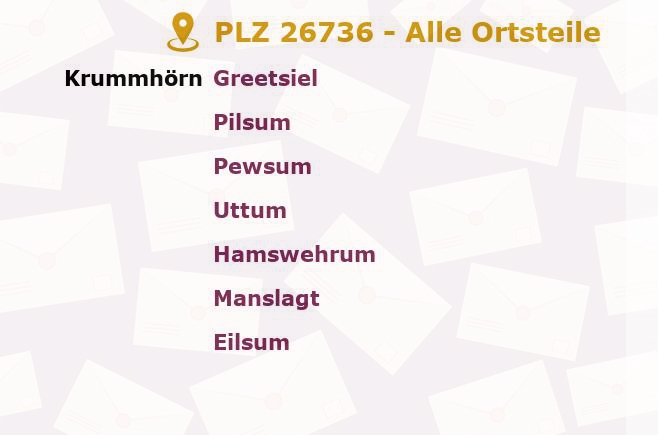 Postleitzahl 26736 Niedersachsen - Alle Orte und Ortsteile