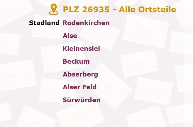 Postleitzahl 26935 Niedersachsen - Alle Orte und Ortsteile